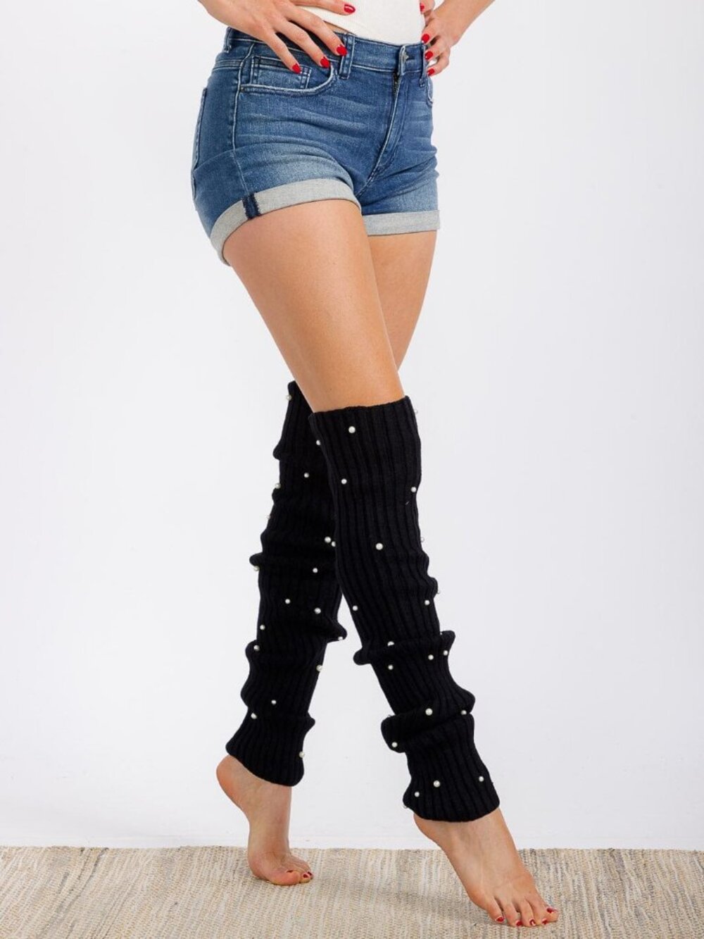 Leg Warmers One Size Black Pearl Ribbed Knit Coquette Slouchy Winter Boot Cuffs